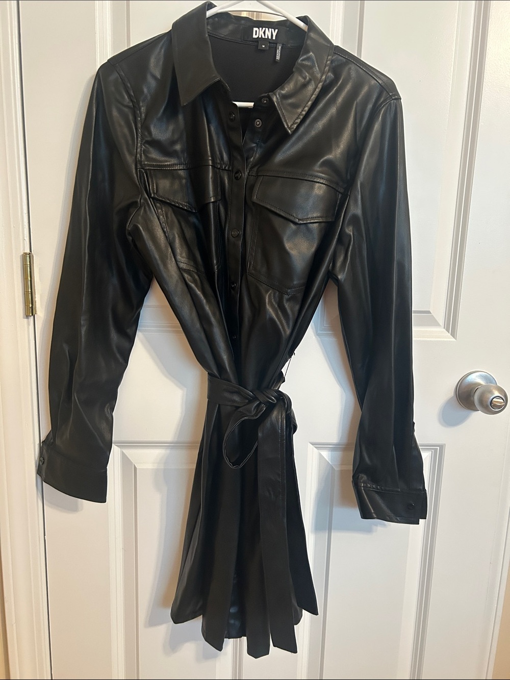 DKNY Black Faux-Leather Tie-Waist Shirt Jacket